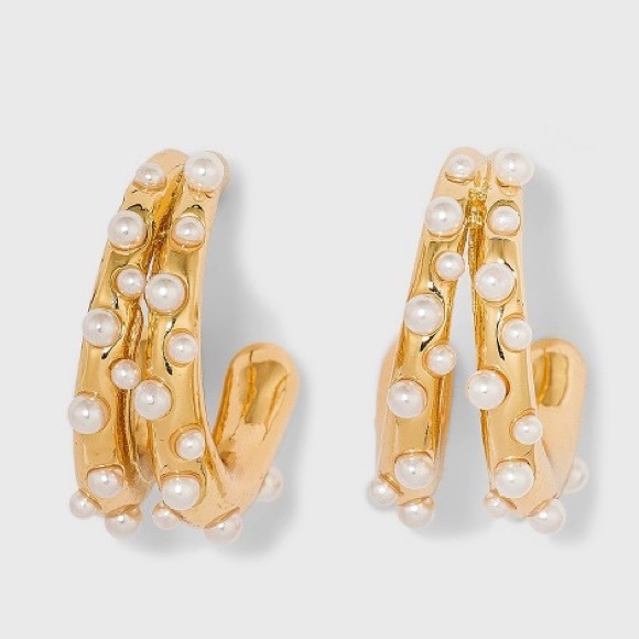 SUGARFIX by BaubleBar Pearl and Gold Double Hoop Earrings - Gold. NWT - Picture 1 of 7